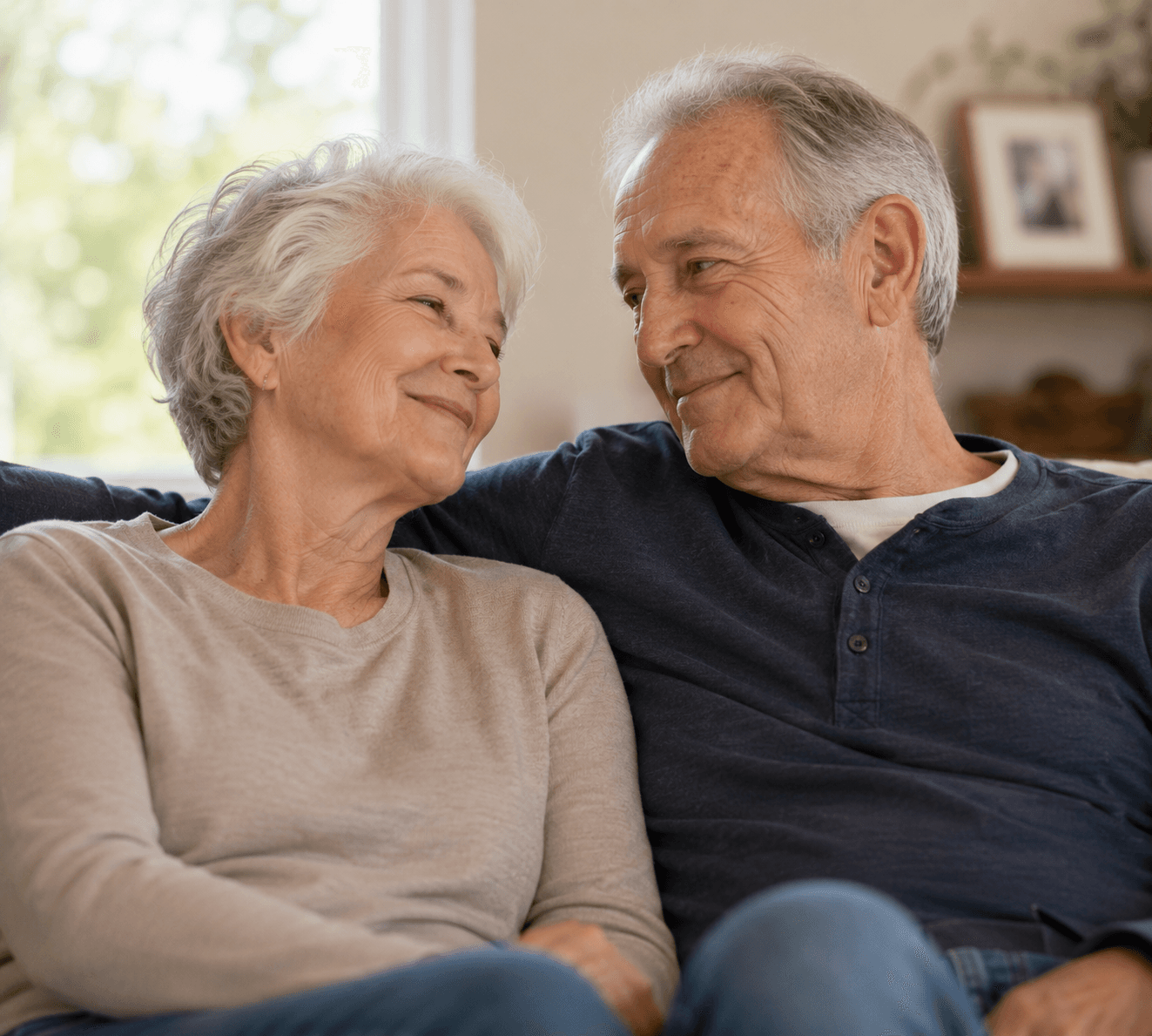 A senior couple relaxing together at home, smiling at each other